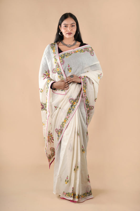 Off White Semi Tusshar Silk Hand Embroidered Lambani Work Saree