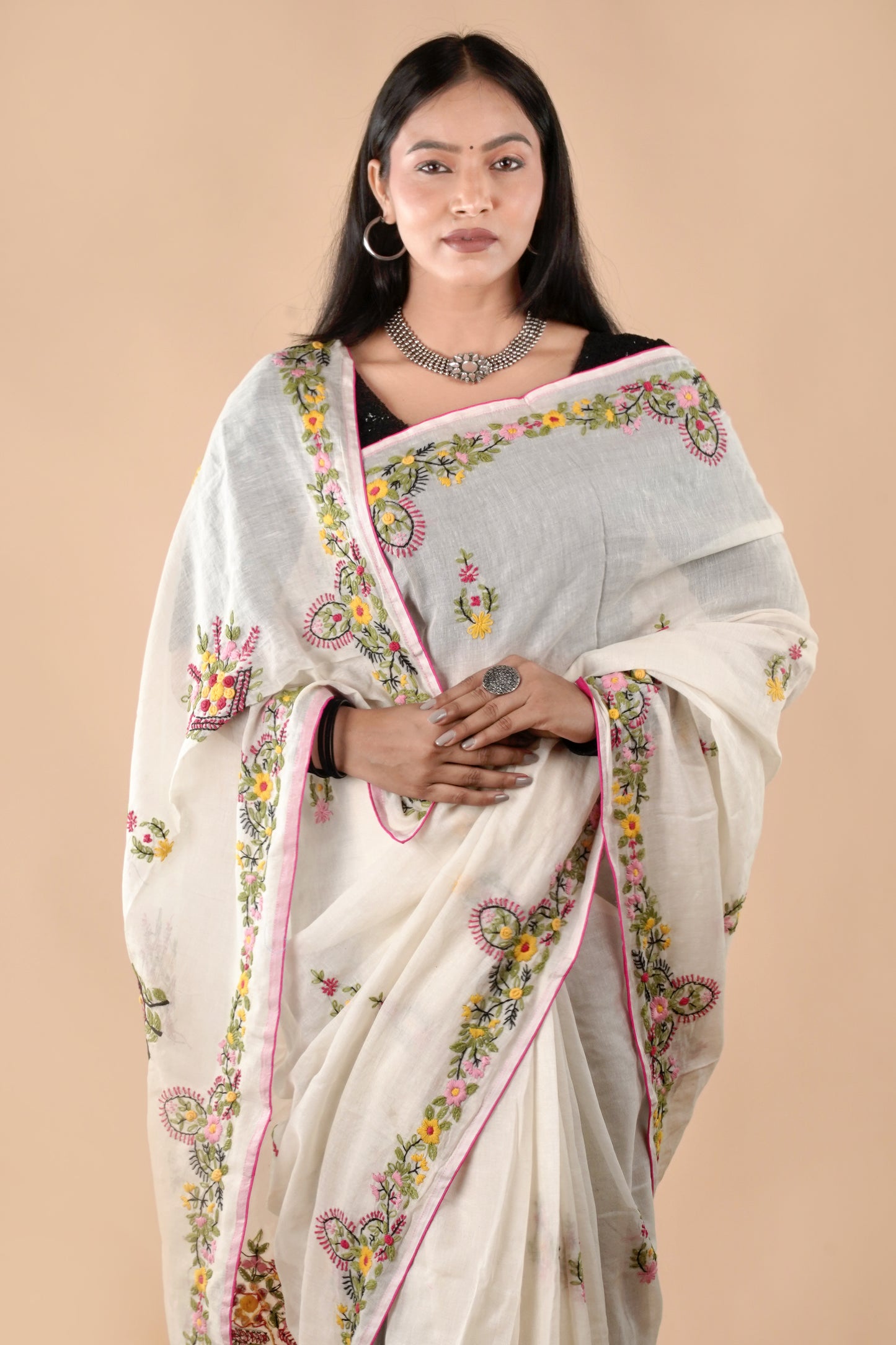 Off White Semi Tusshar Silk Hand Embroidered Lambani Work Saree