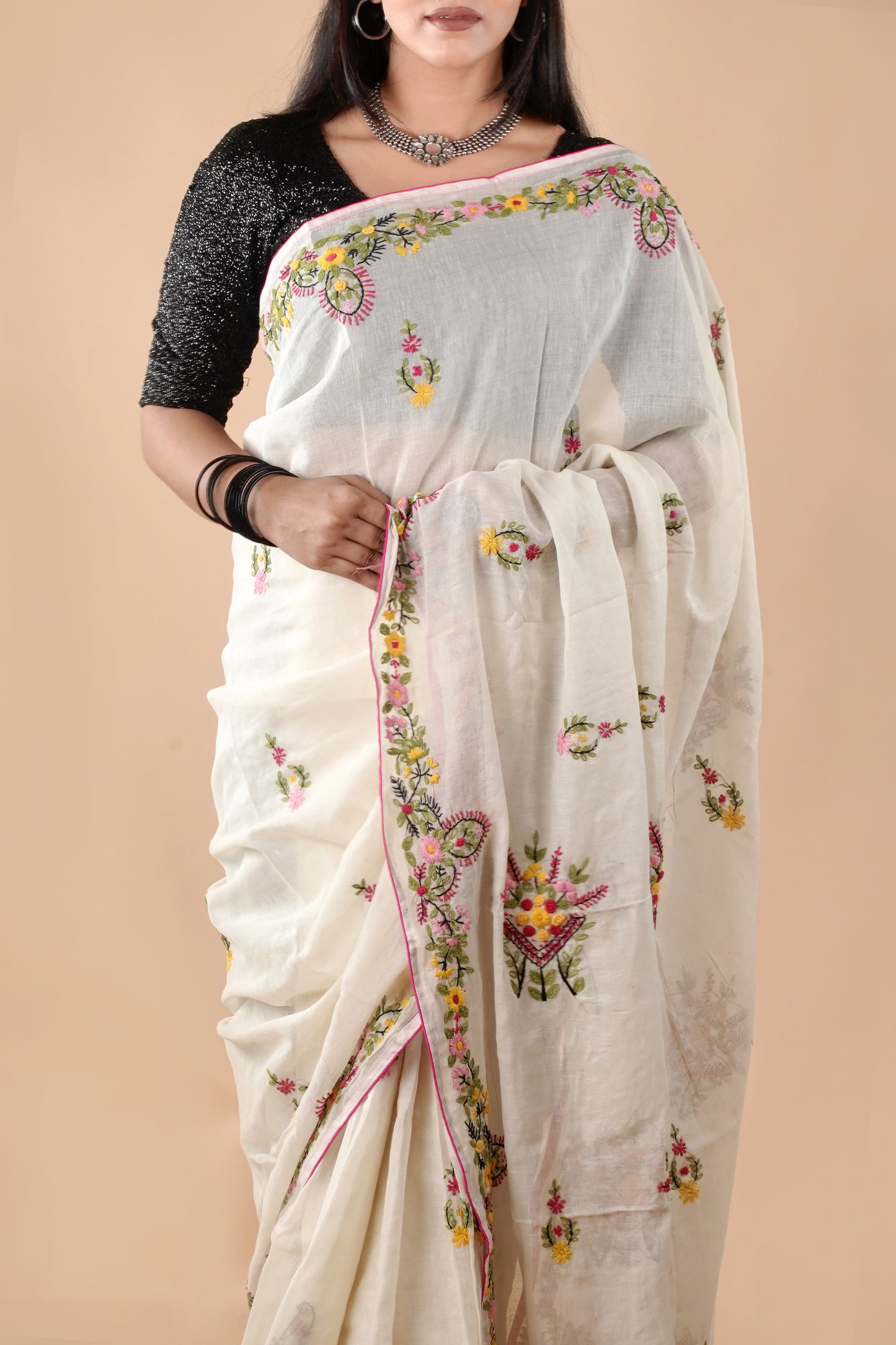 Off White Semi Tusshar Silk Hand Embroidered Lambani Work Saree