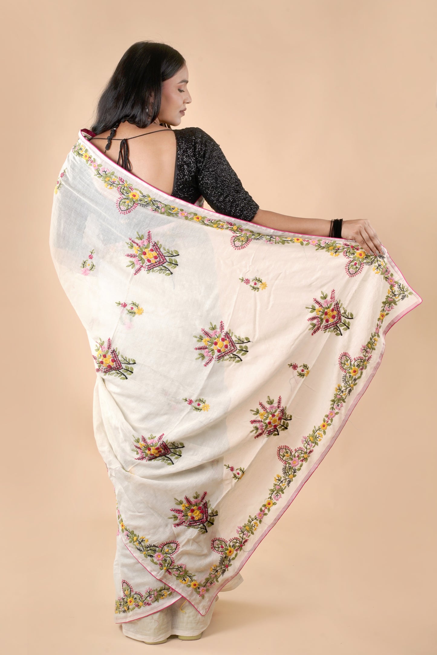 Off White Semi Tusshar Silk Hand Embroidered Lambani Work Saree