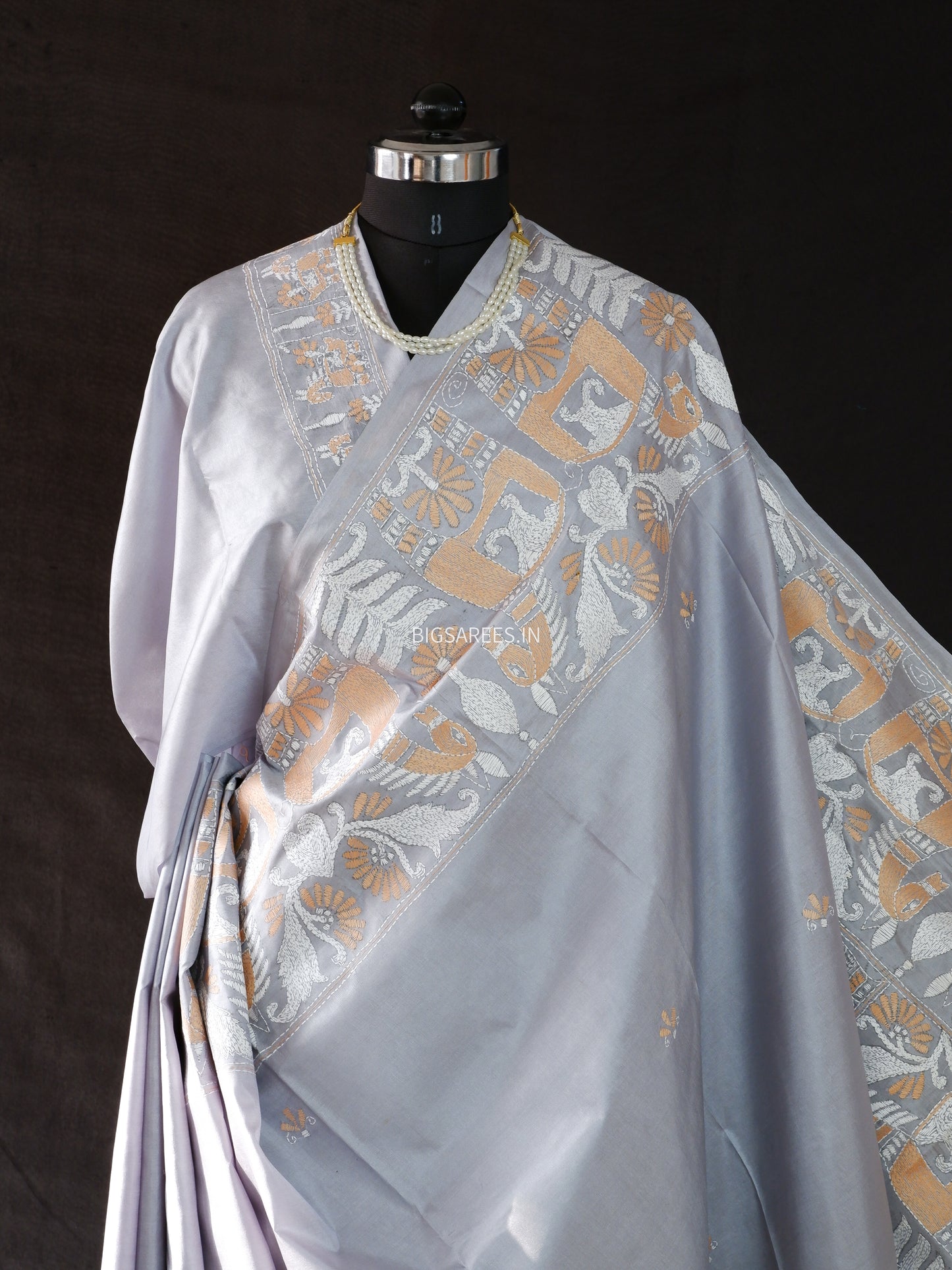 Kantha - Stitch Hand Embroidered Saree | Pure Bangalore Silk | Silk Mark Certified | Grey