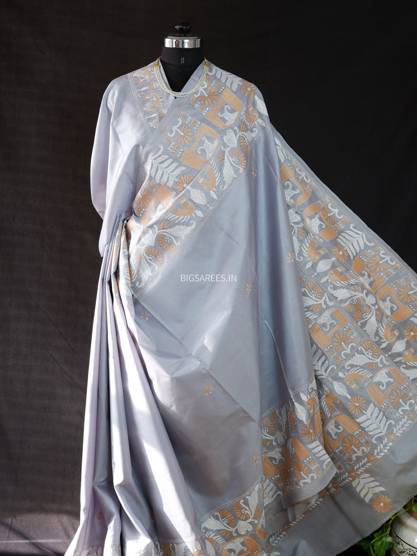 Kantha - Stitch Hand Embroidered Saree | Pure Bangalore Silk | Silk Mark Certified | Grey