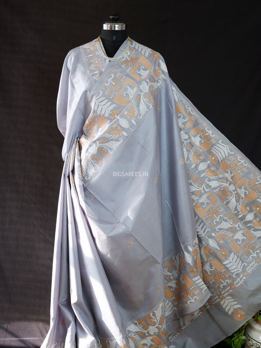 Kantha - Stitch Hand Embroidered Saree | Pure Bangalore Silk | Silk Mark Certified | Grey