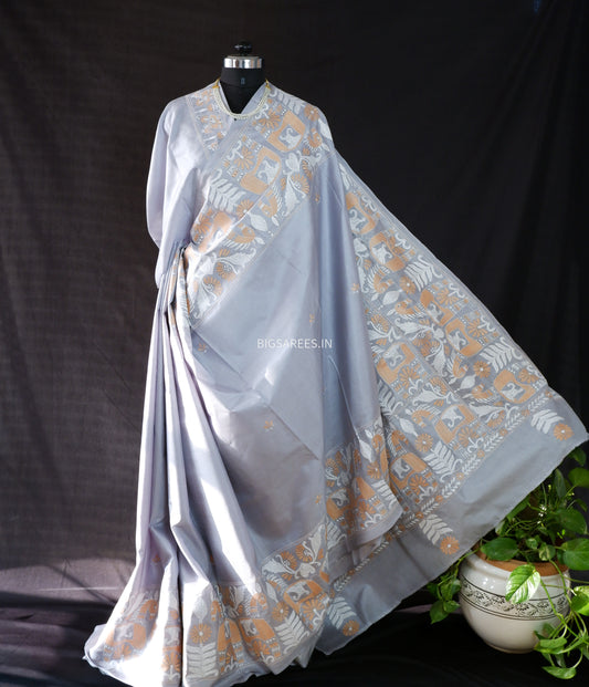 Kantha - Stitch Hand Embroidered Saree | Pure Bangalore Silk | Silk Mark Certified | Grey