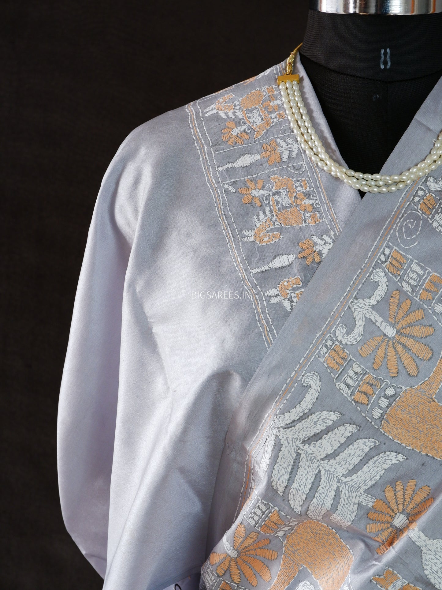 Kantha - Stitch Hand Embroidered Saree | Pure Bangalore Silk | Silk Mark Certified | Grey