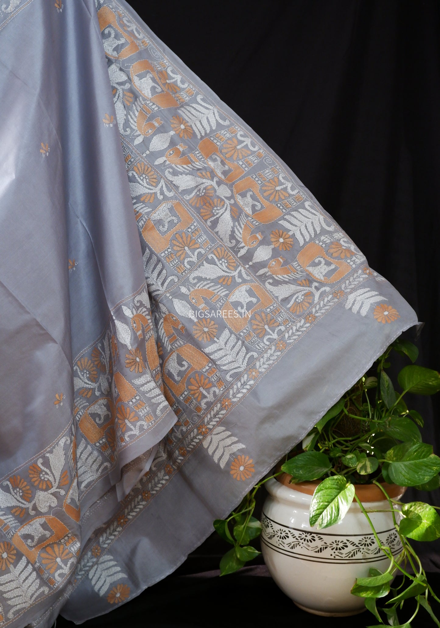 Kantha - Stitch Hand Embroidered Saree | Pure Bangalore Silk | Silk Mark Certified | Grey