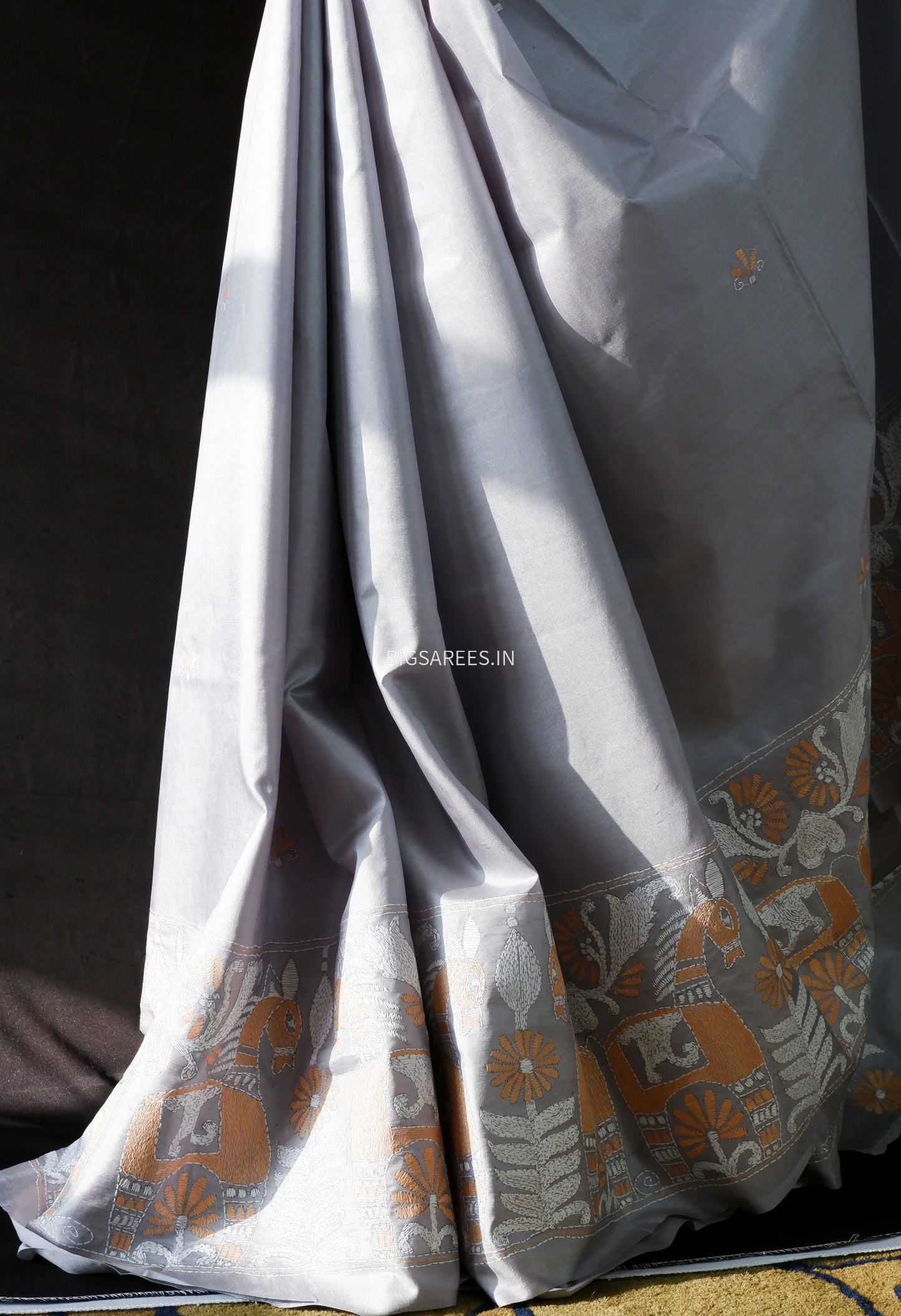 Kantha - Stitch Hand Embroidered Saree | Pure Bangalore Silk | Silk Mark Certified | Grey