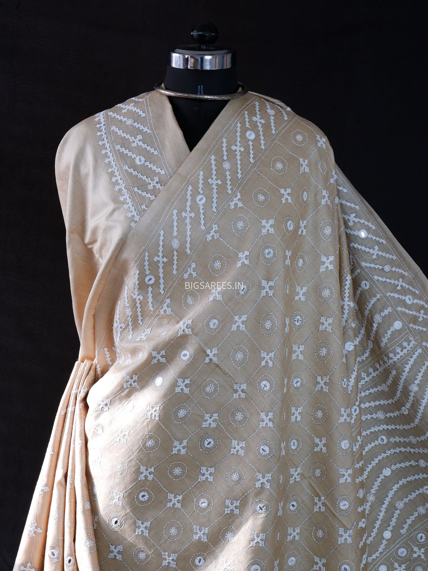 Kutchi Hand Embroidered Saree | Pure Gachi by Gachi Tassar Silk| Beige