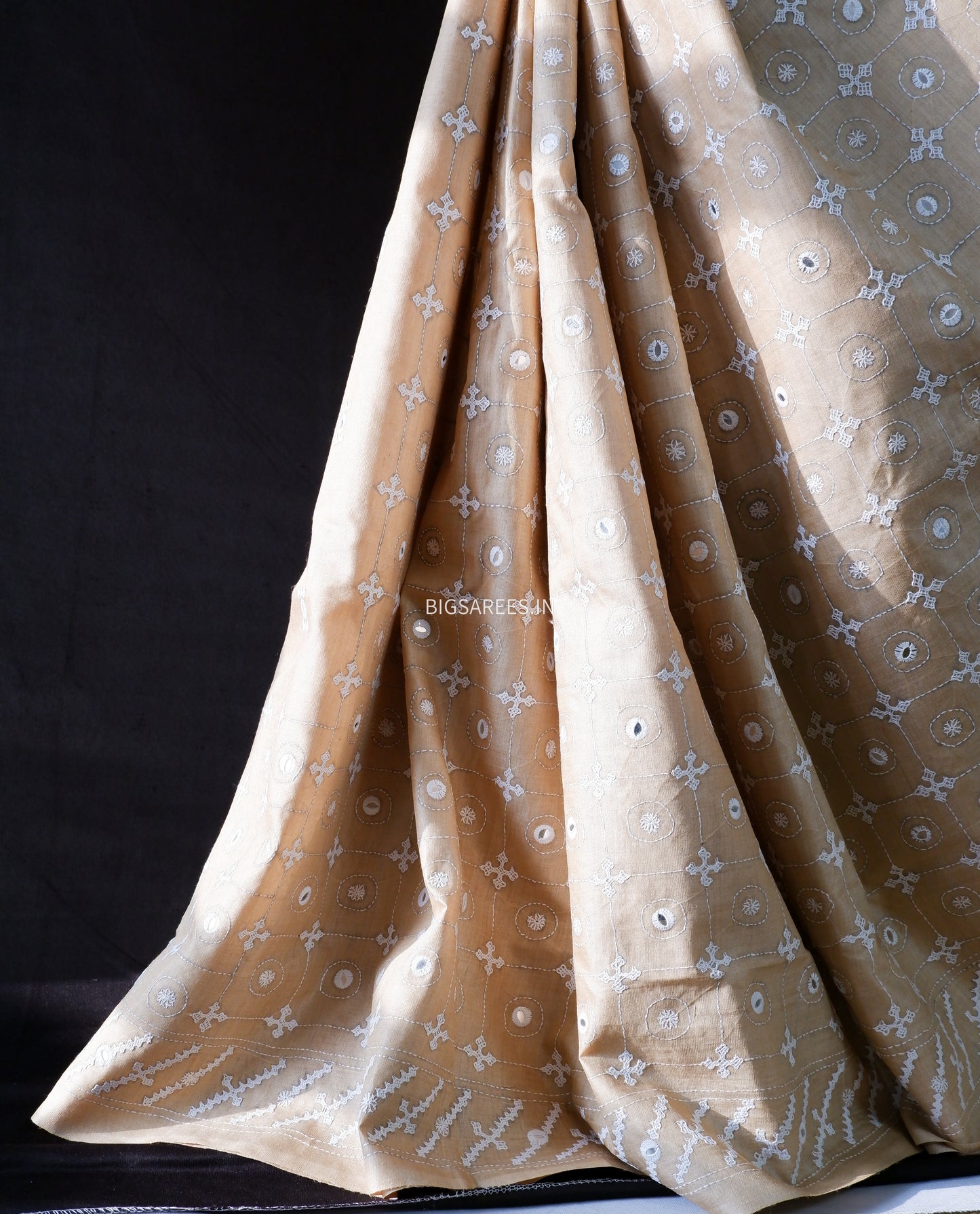 Kutchi Hand Embroidered Saree | Pure Gachi by Gachi Tassar Silk| Beige