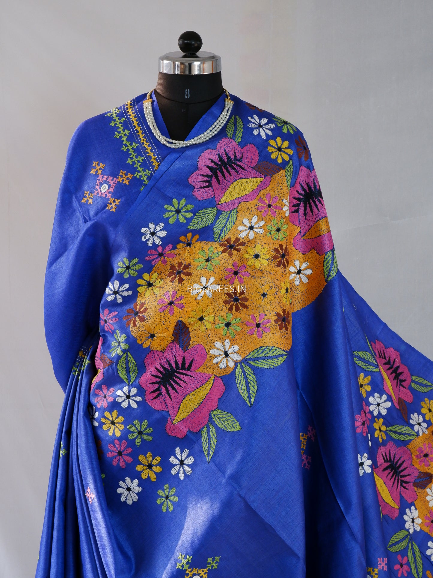 Kantha Stitch & Gujrati/Kutch Hand Embroidered Saree | Tussar Silk | Royal Blue