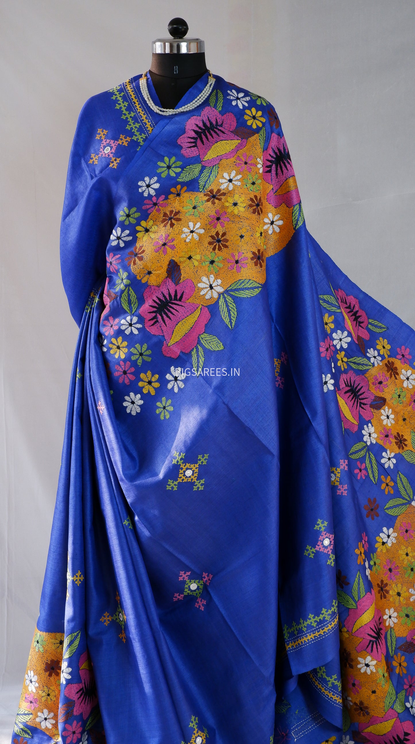 Kantha Stitch & Gujrati/Kutch Hand Embroidered Saree | Tussar Silk | Royal Blue