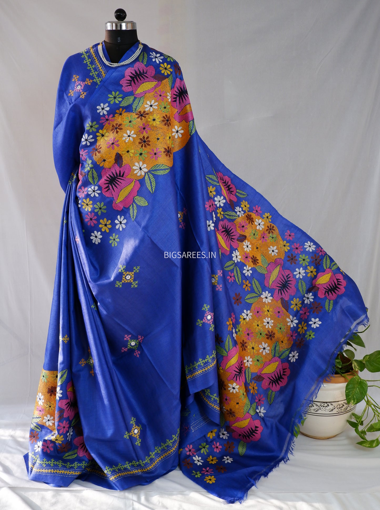 Kantha Stitch & Gujrati/Kutch Hand Embroidered Saree | Tussar Silk | Royal Blue