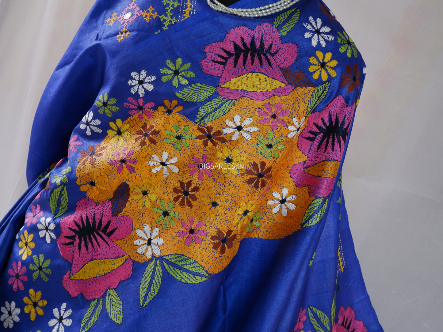 Kantha Stitch & Gujrati/Kutch Hand Embroidered Saree | Tussar Silk | Royal Blue