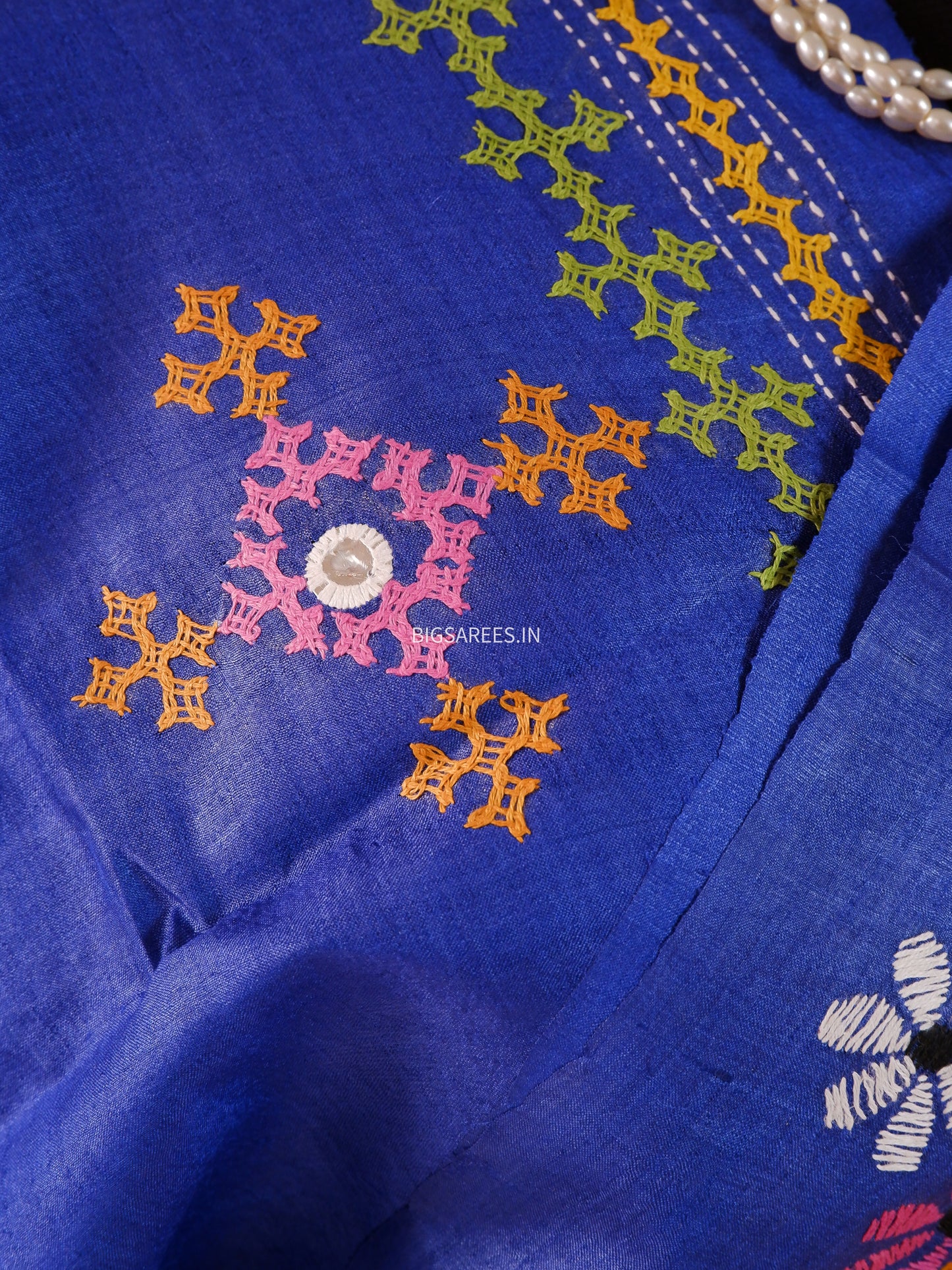 Kantha Stitch & Gujrati/Kutch Hand Embroidered Saree | Tussar Silk | Royal Blue