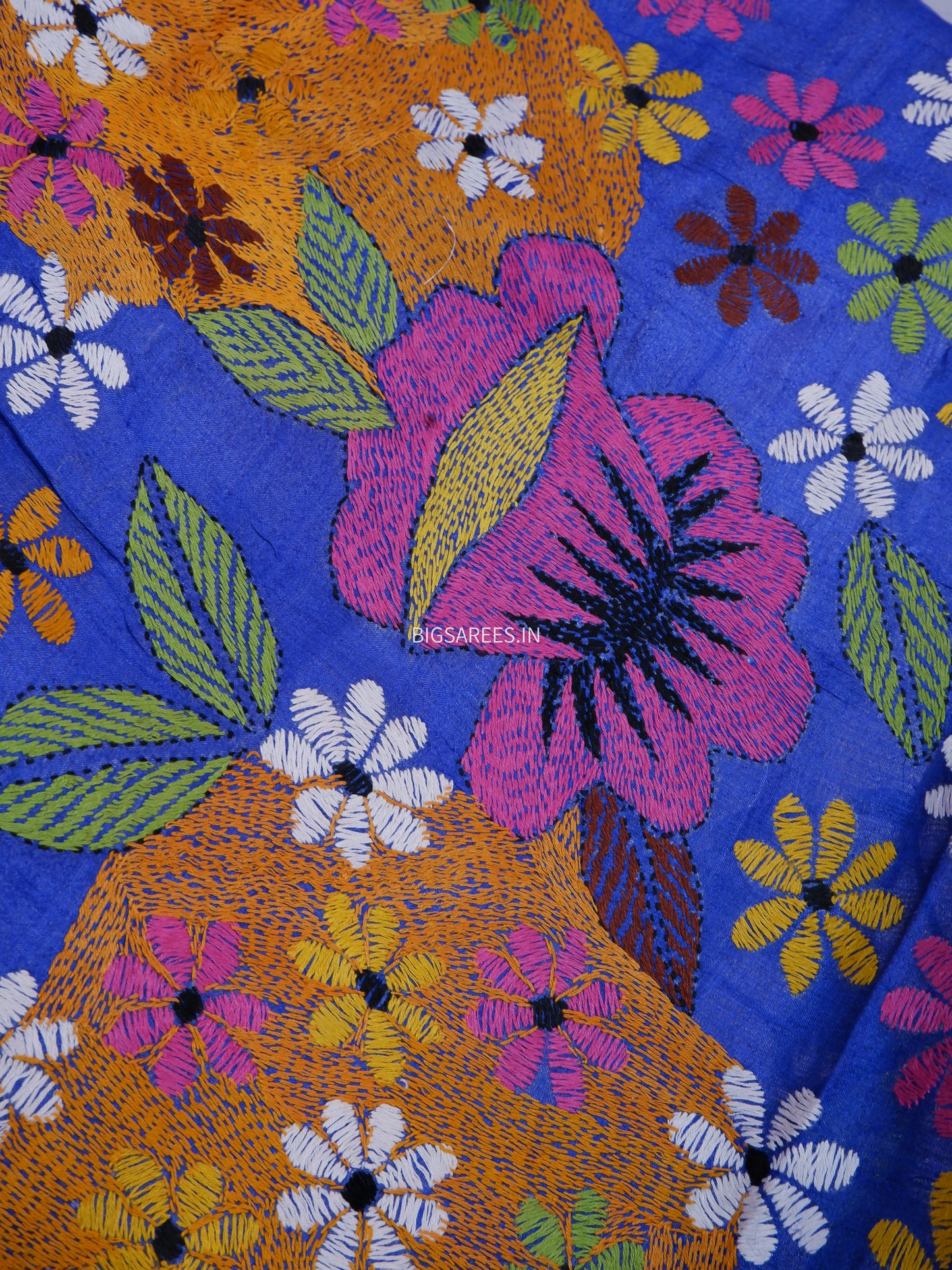 Kantha Stitch & Gujrati/Kutch Hand Embroidered Saree | Tussar Silk | Royal Blue