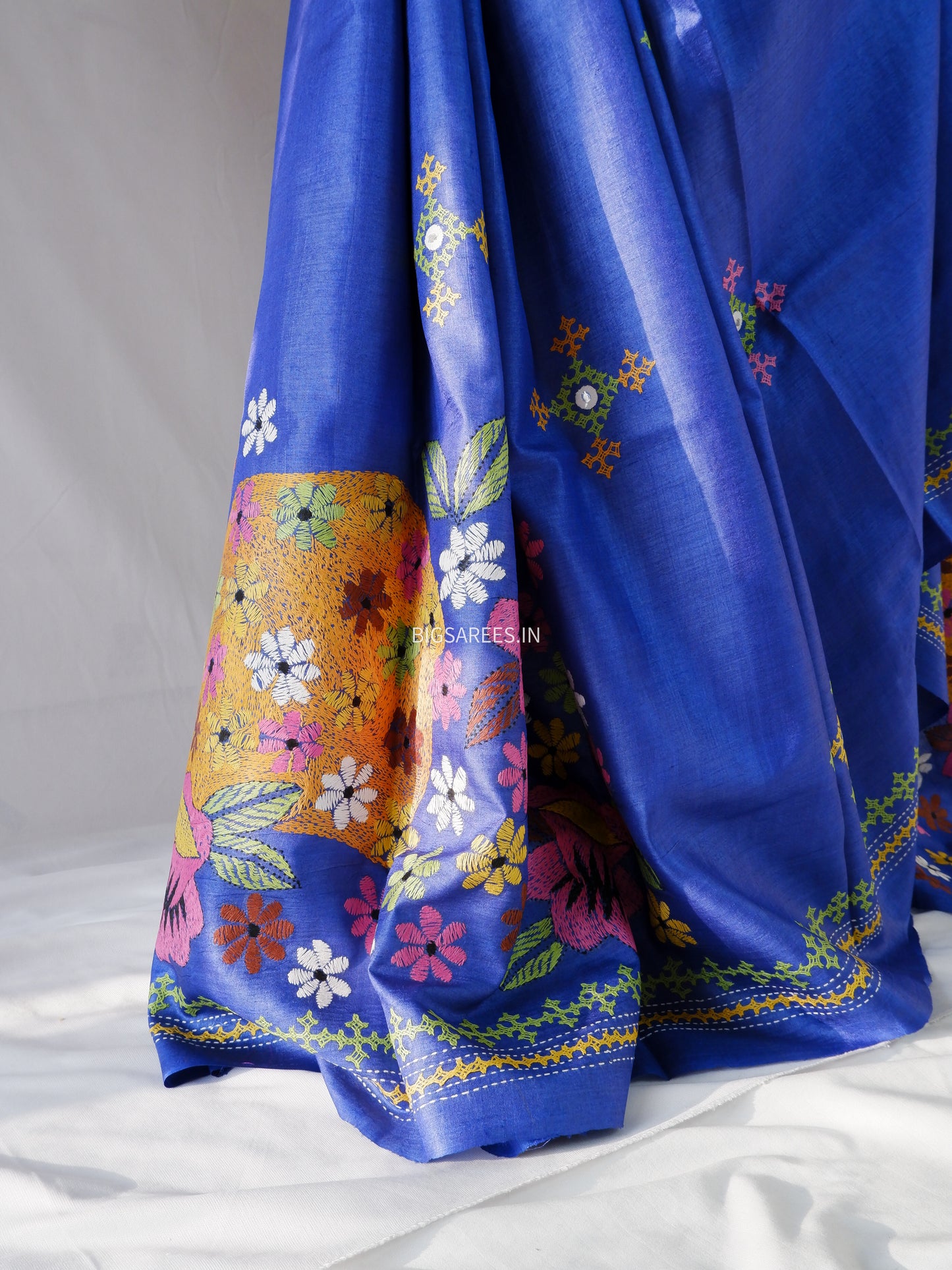 Kantha Stitch & Gujrati/Kutch Hand Embroidered Saree | Tussar Silk | Royal Blue