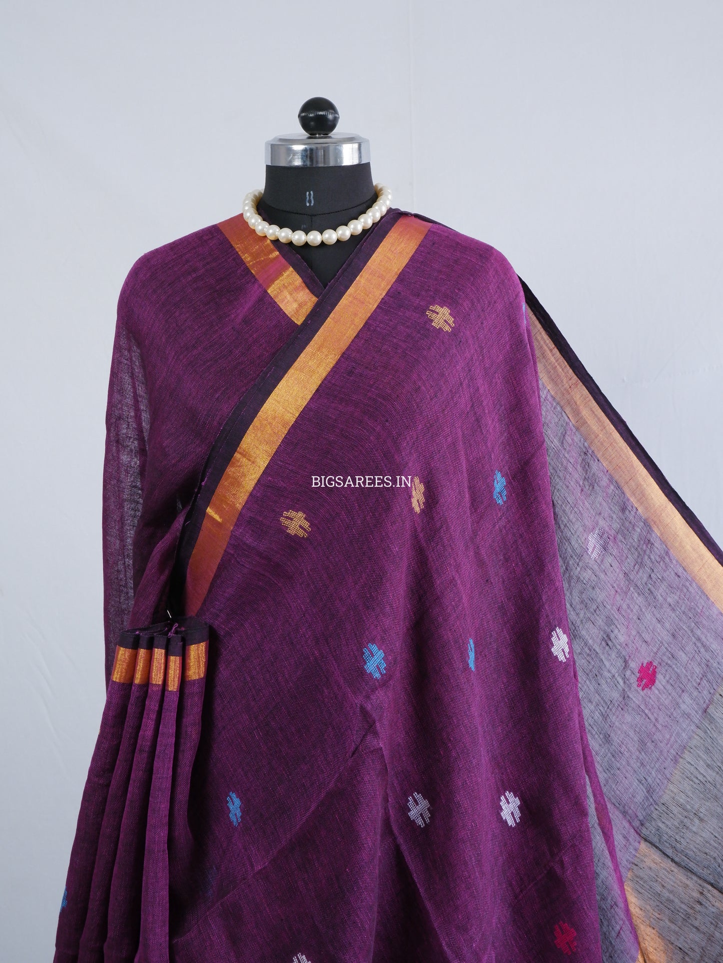 Paithani Style Linen Saree | Jamdani | Dark Purple
