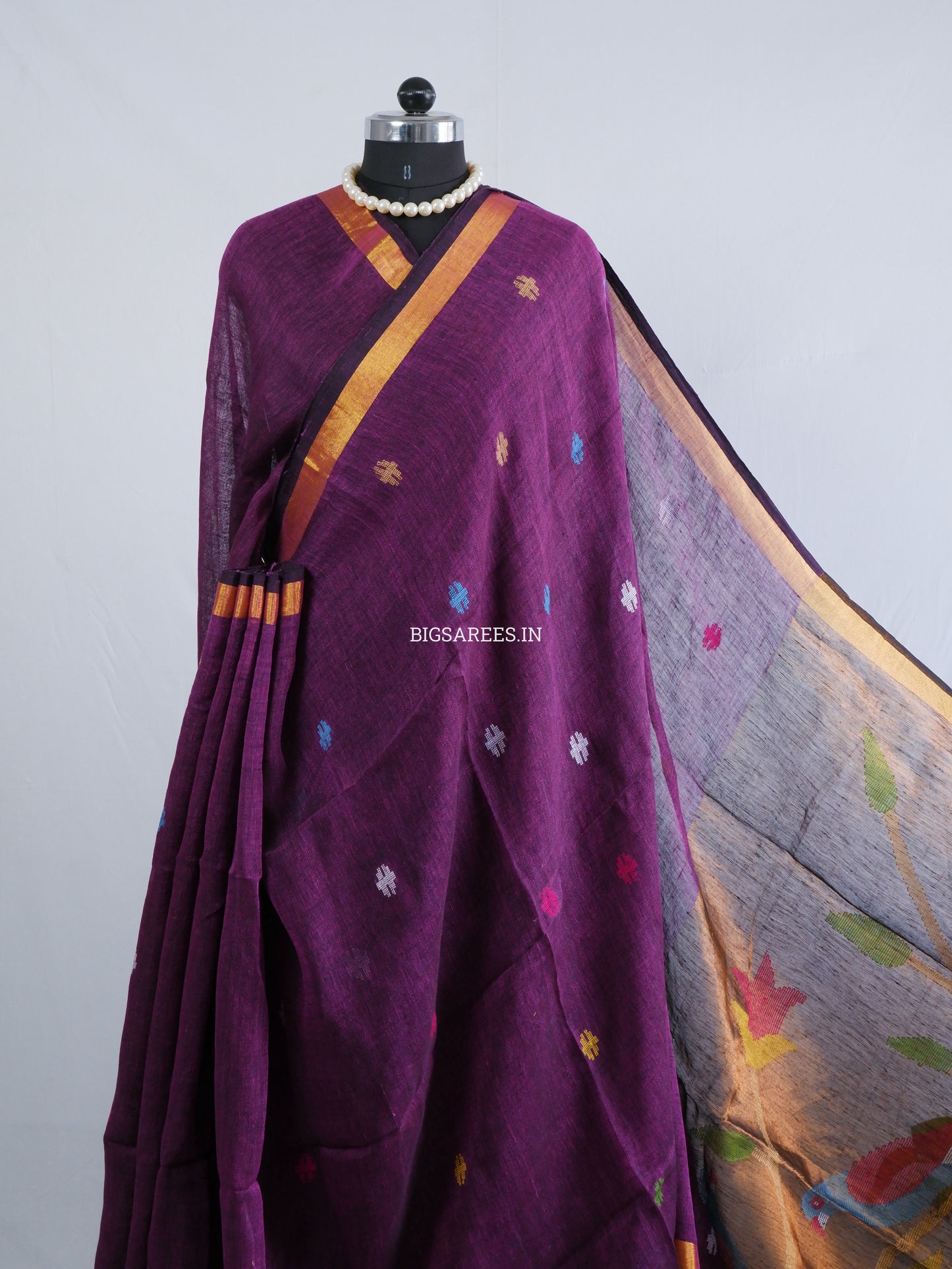 Paithani Style Linen Saree | Jamdani | Dark Purple