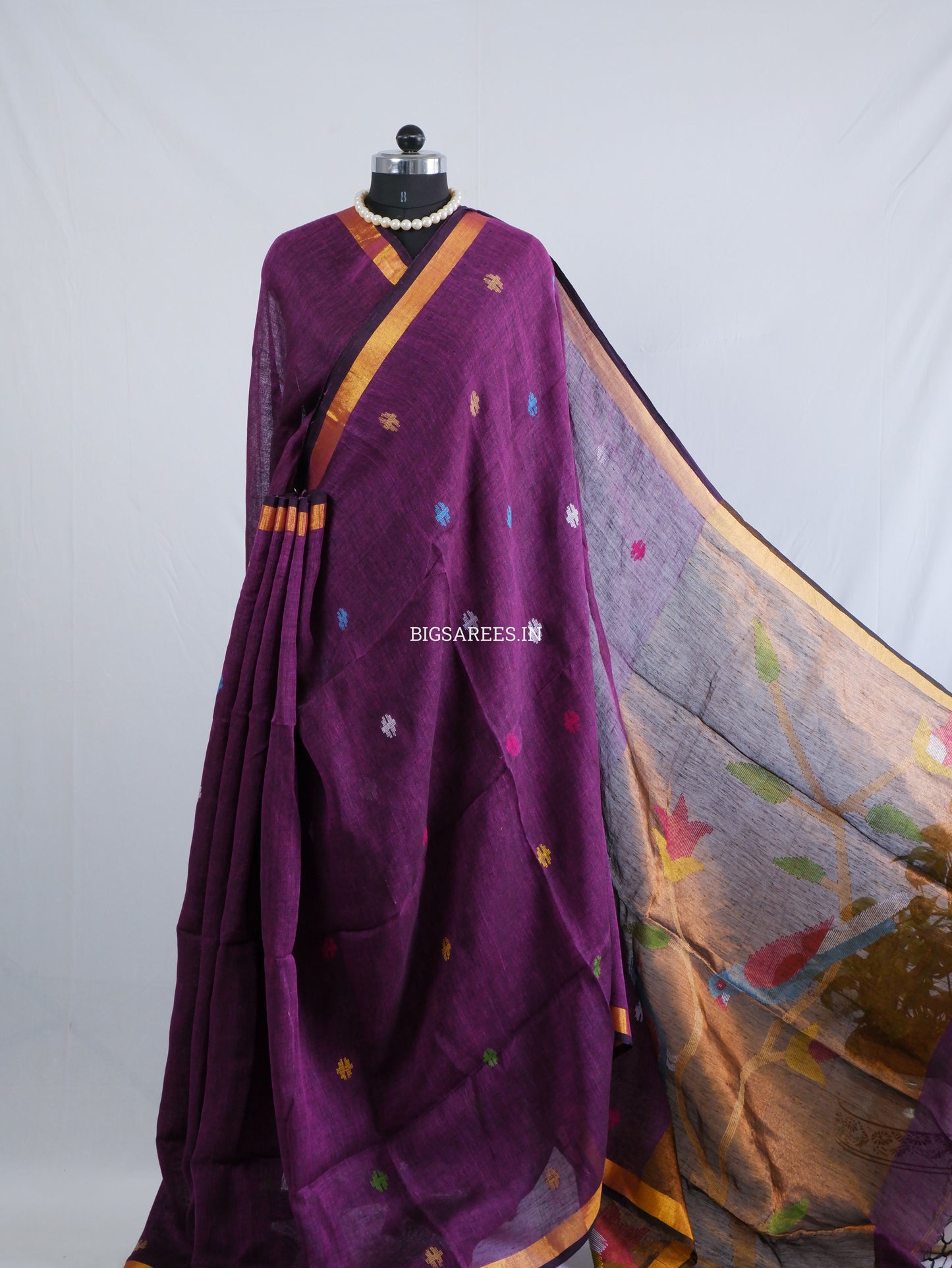 Paithani Style Linen Saree | Jamdani | Dark Purple