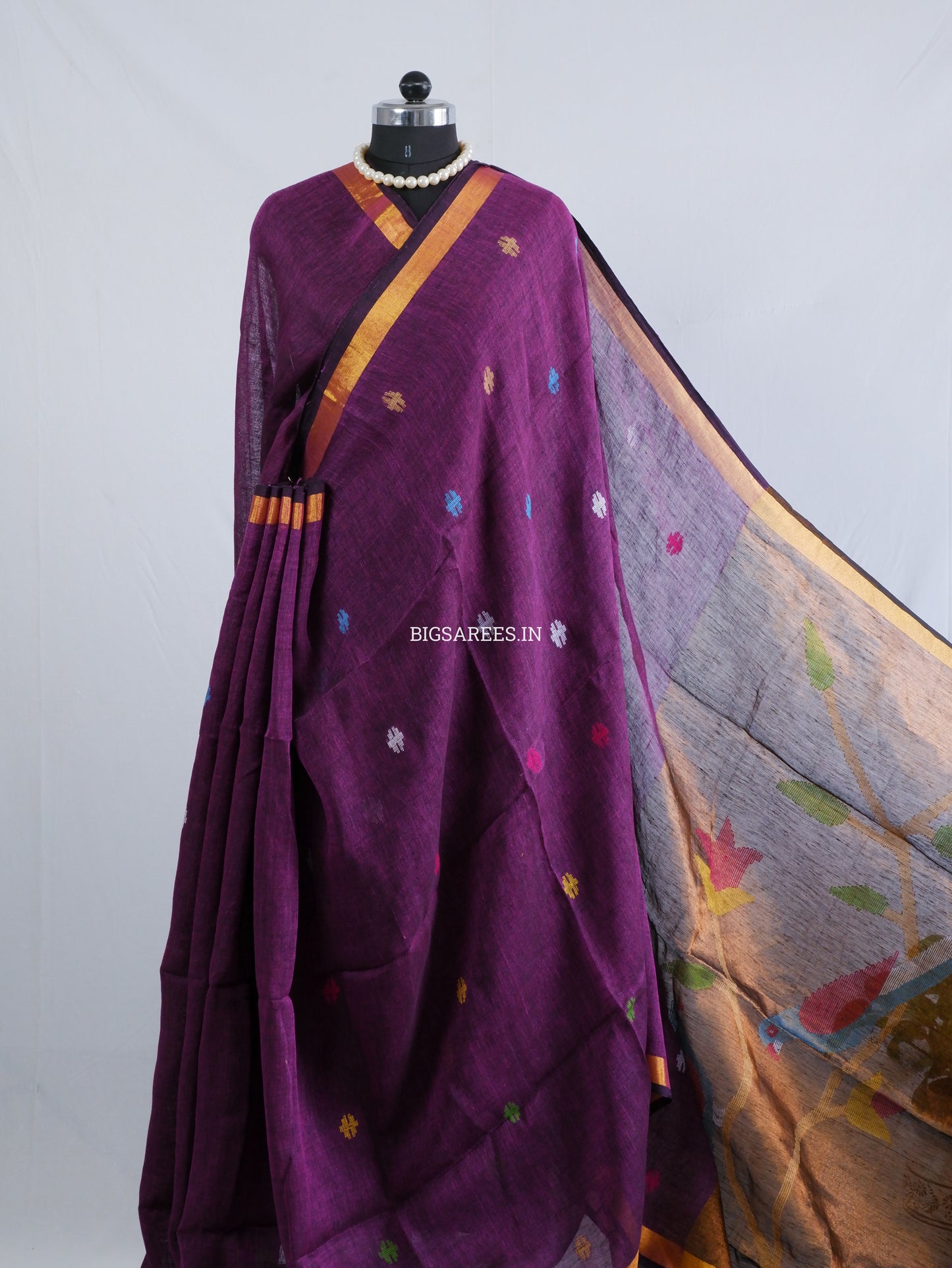 Paithani Style Linen Saree | Jamdani | Dark Purple