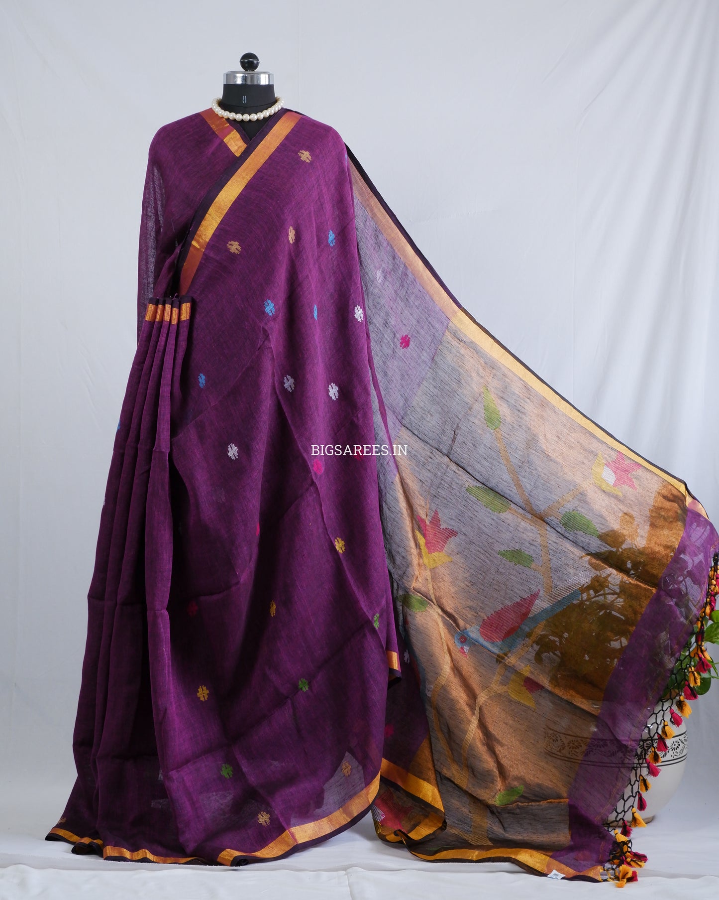 Paithani Style Linen Saree | Jamdani | Dark Purple