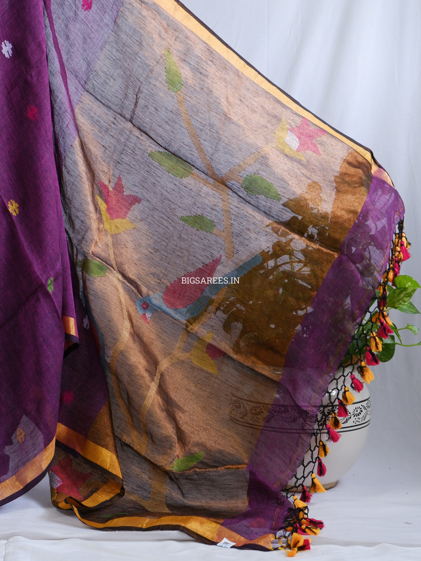 Paithani Style Linen Saree | Jamdani | Dark Purple