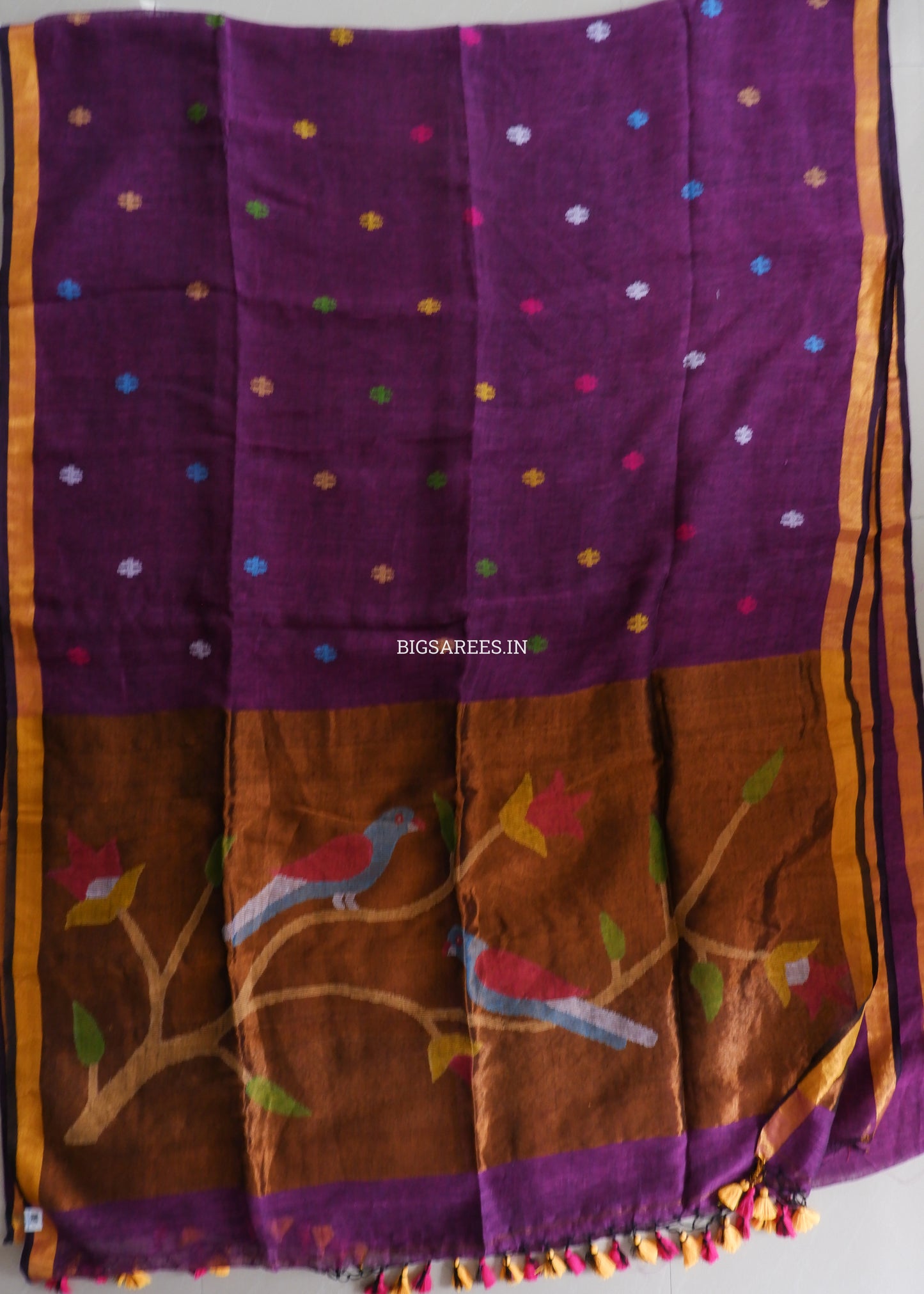Paithani Style Linen Saree | Jamdani | Dark Purple