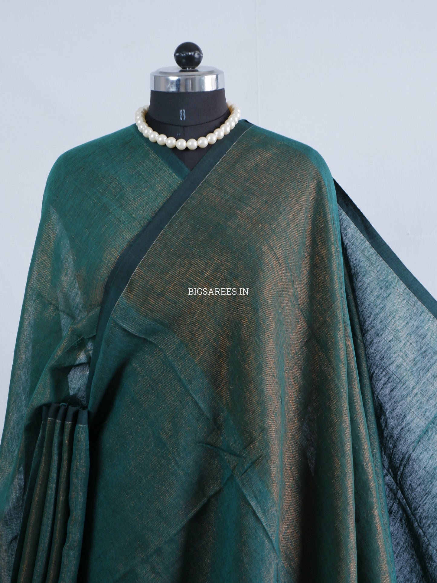 Tissue Linen Blend Handwoven Saree | Handloom Marked | Dark Green