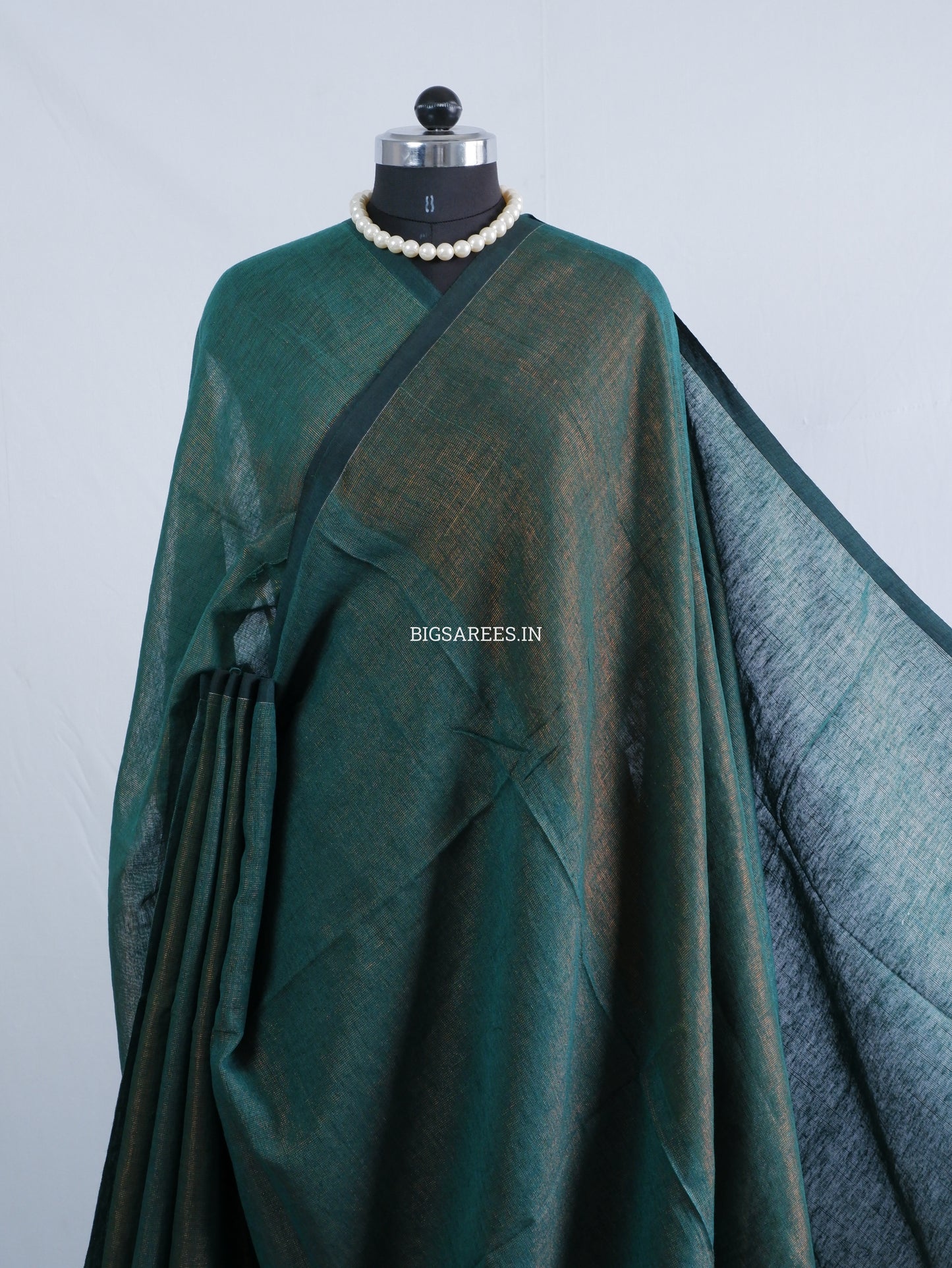 Tissue Linen Blend Handwoven Saree | Handloom Marked | Dark Green
