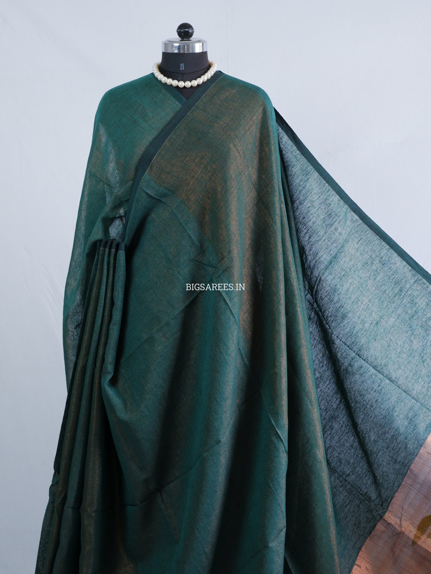 Tissue Linen Blend Handwoven Saree | Handloom Marked | Dark Green