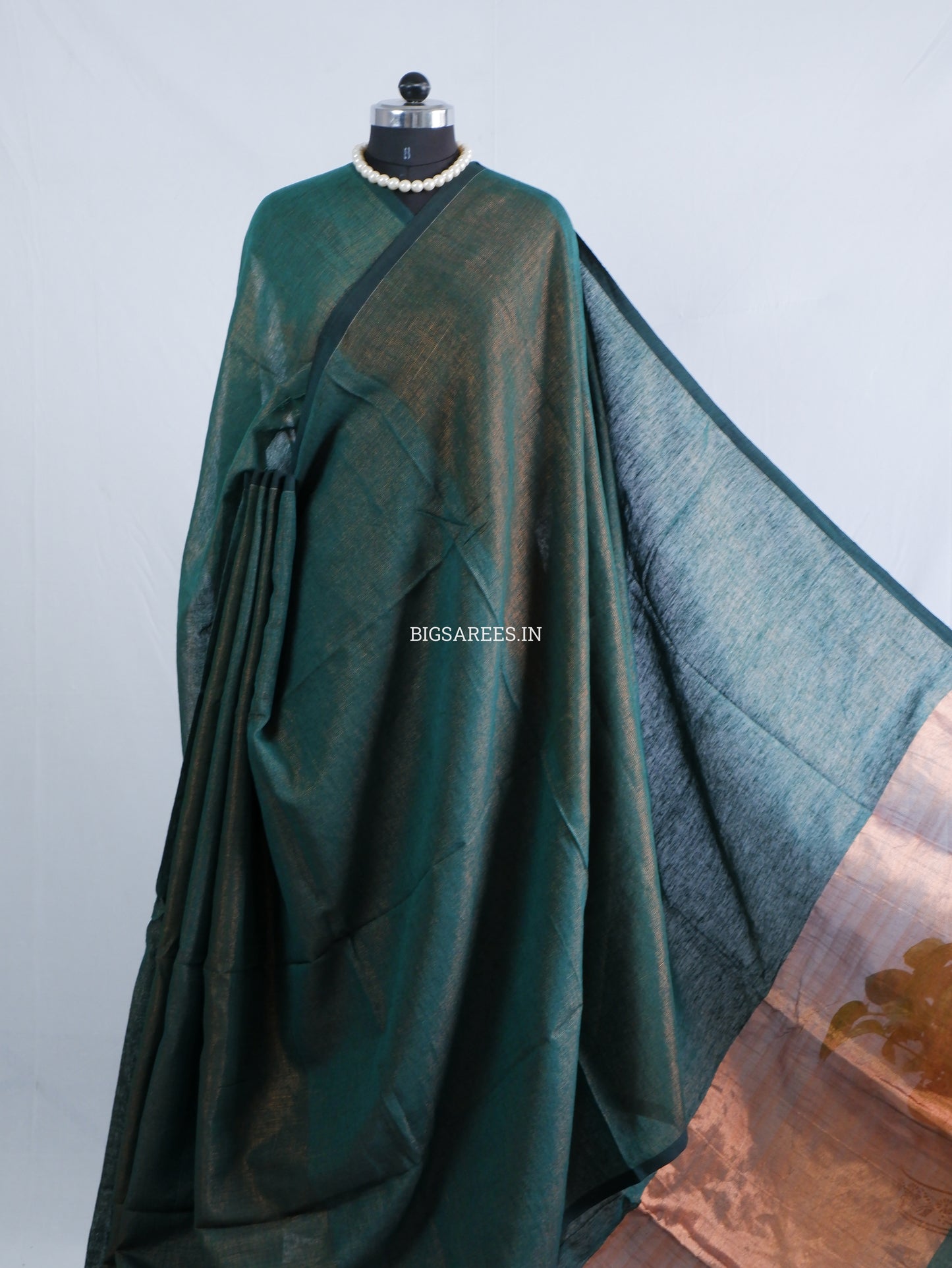Tissue Linen Blend Handwoven Saree | Handloom Marked | Dark Green