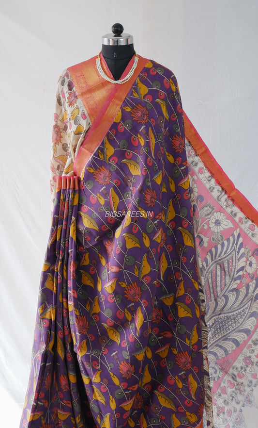 Printed Kalamkari Saree | Chinoor Silk | Purple