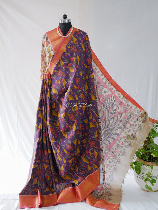 Printed Kalamkari Saree | Chinoor Silk | Purple