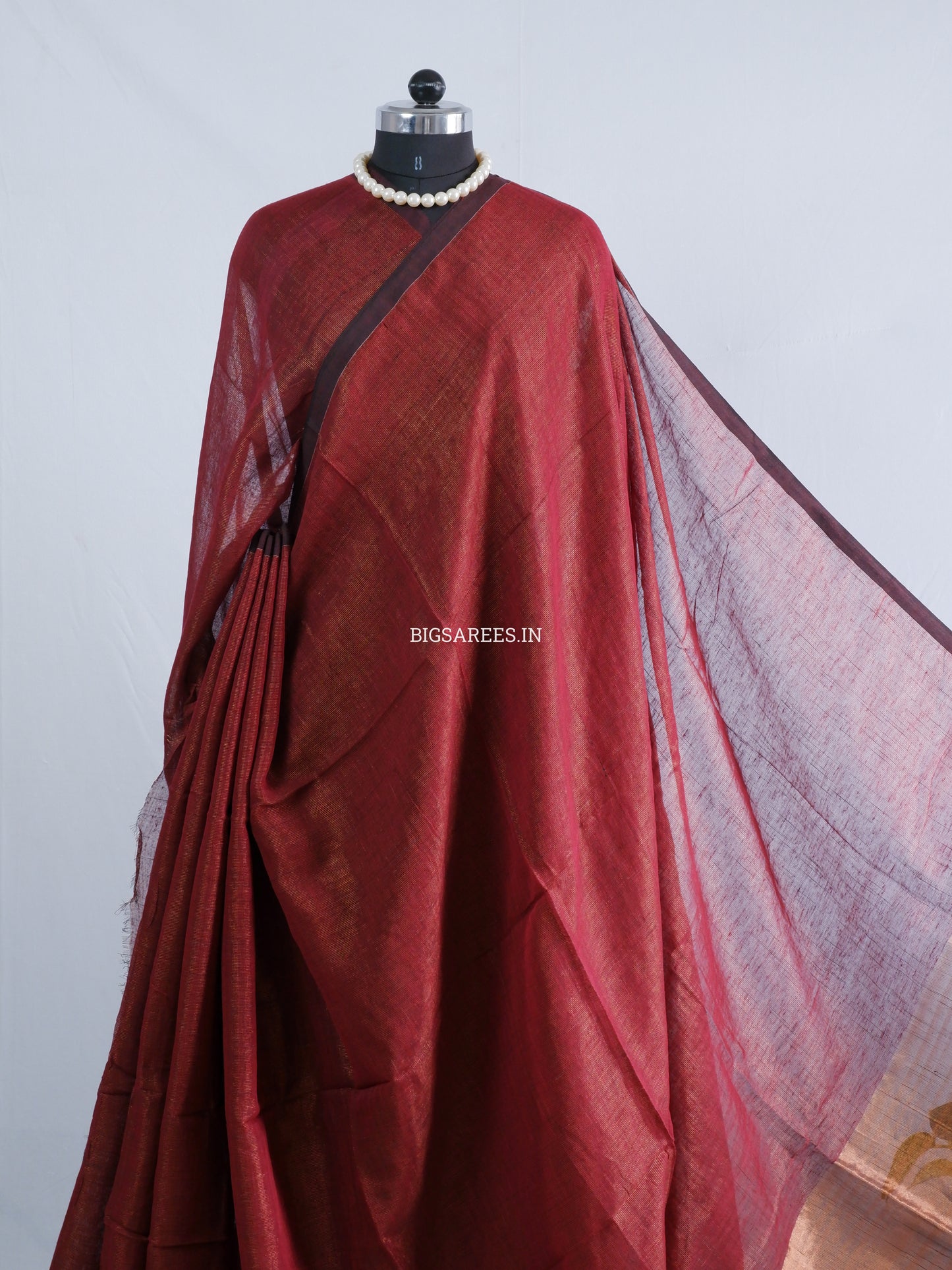 Tissue Linen Blend Handwoven Saree | Handloom Marked | Maroon