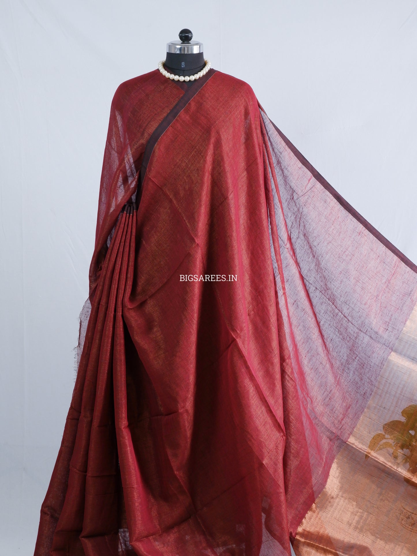 Tissue Linen Blend Handwoven Saree | Handloom Marked | Maroon