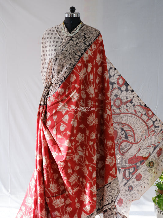 Printed Kalamkari Saree | Mulmul Cotton | Red
