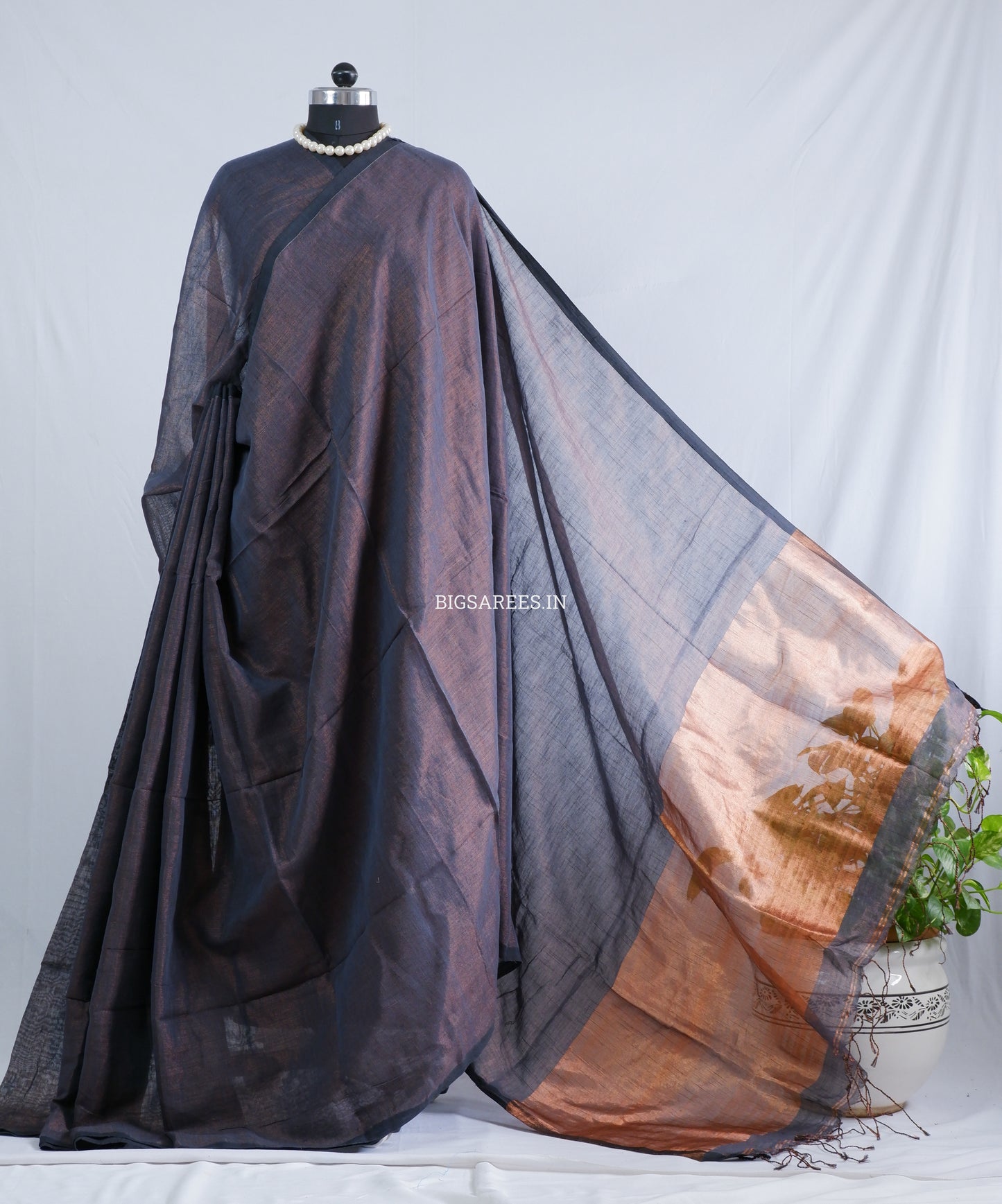 Tissue Linen Blend Handwoven Saree | Handloom Marked | Grey