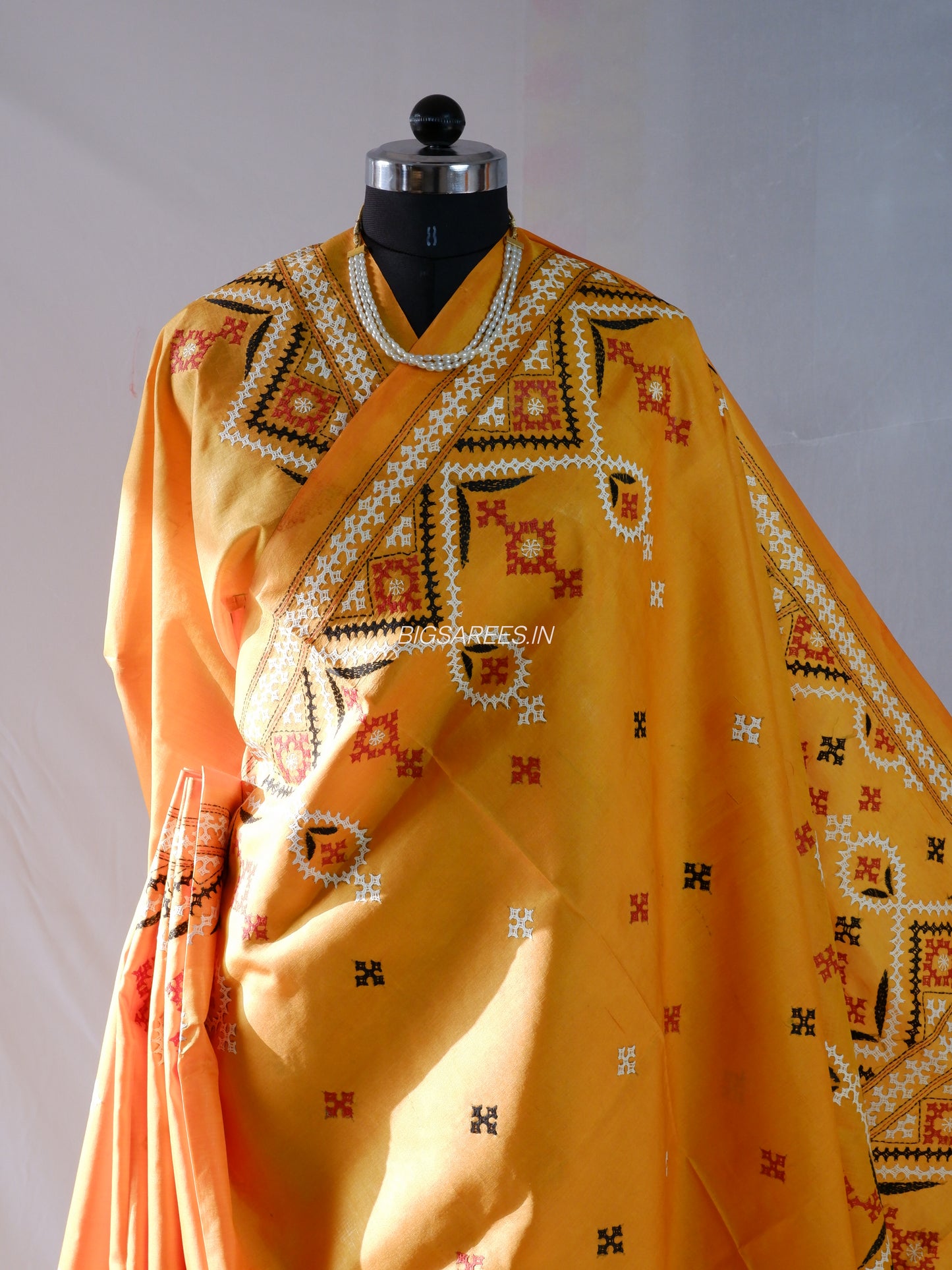 Kutch Hand Embroidered Saree| Pure Bangalore Silk | Amber