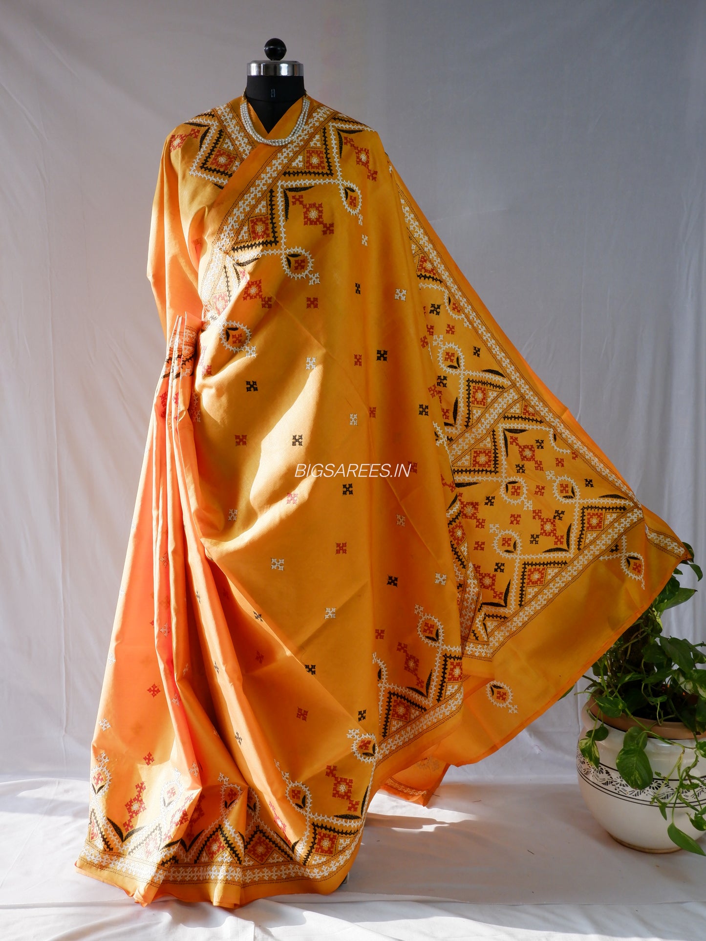 Kutch Hand Embroidered Saree| Pure Bangalore Silk | Amber