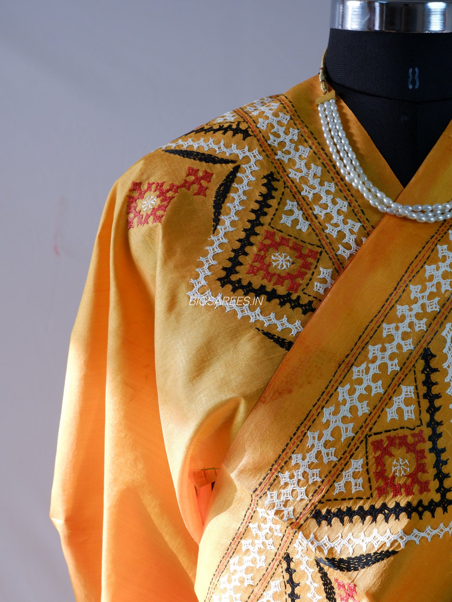 Kutch Hand Embroidered Saree| Pure Bangalore Silk | Amber