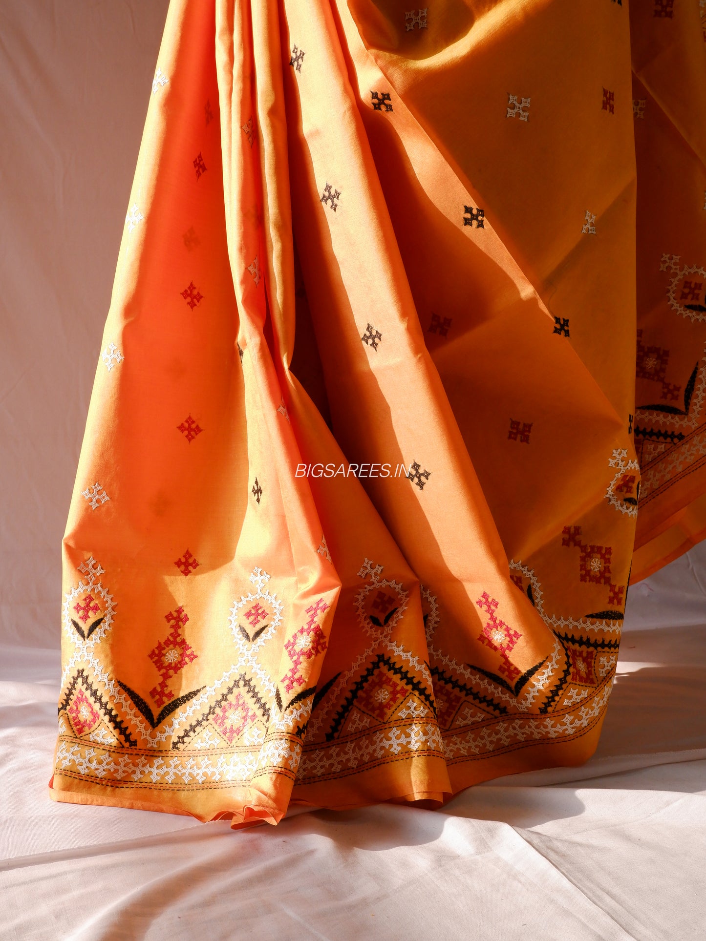 Kutch Hand Embroidered Saree| Pure Bangalore Silk | Amber