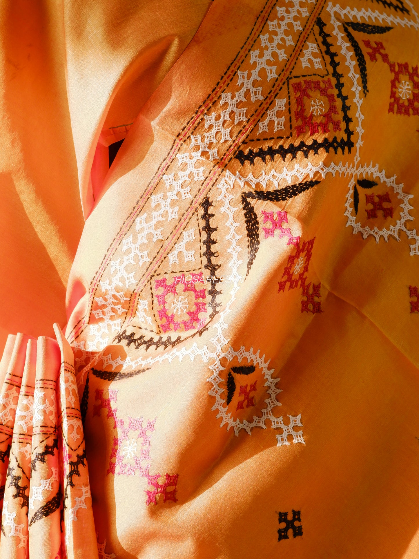 Kutch Hand Embroidered Saree| Pure Bangalore Silk | Amber