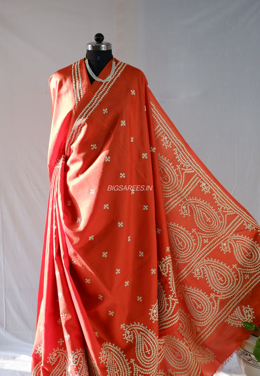 Kutch Hand Embroidered Saree| Pure Bangalore Silk | Burnt Orange