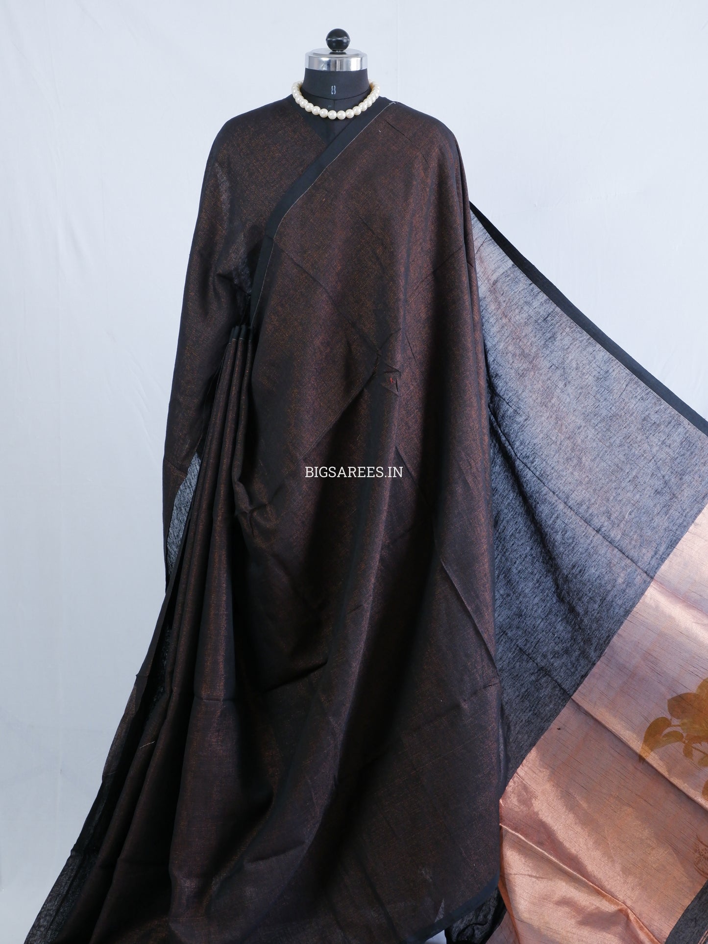 Tissue Linen Blend Handwoven Saree | Handloom Marked | Black
