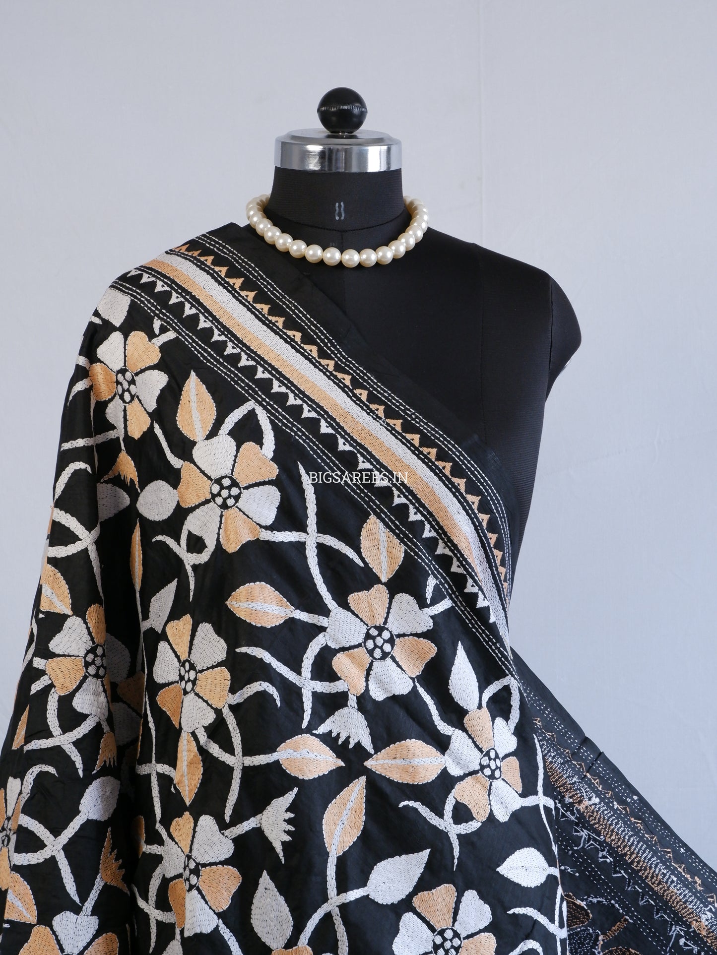 Kantha Hand-Embroidered Dupatta | Pure Bangalore Silk | Silk Marked | Black