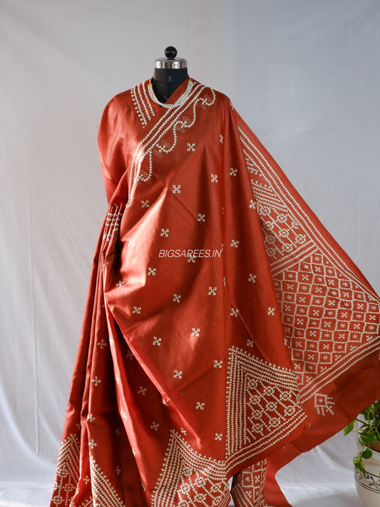 Kutch Hand Embroidered Saree|Pure Bangalore Silk | Brick Orange