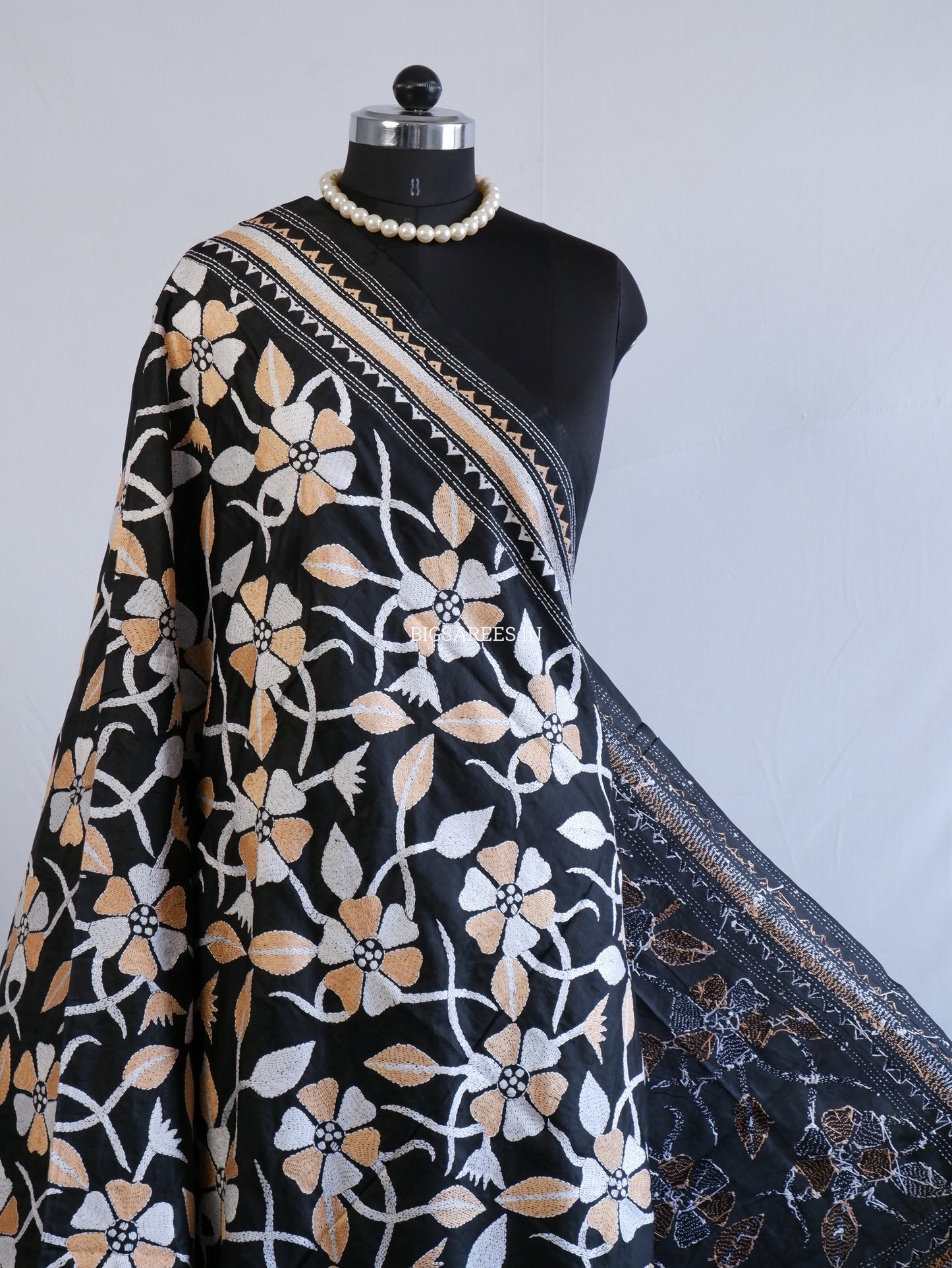 Kantha Hand-Embroidered Dupatta | Pure Bangalore Silk | Silk Marked | Black