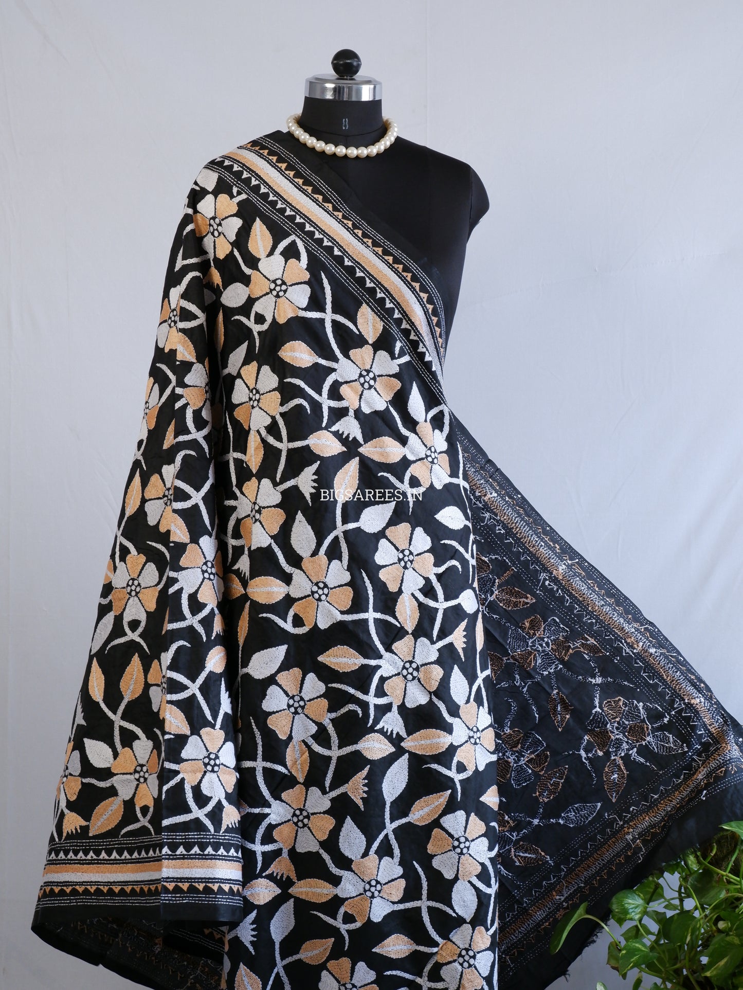 Kantha Hand-Embroidered Dupatta | Pure Bangalore Silk | Silk Marked | Black