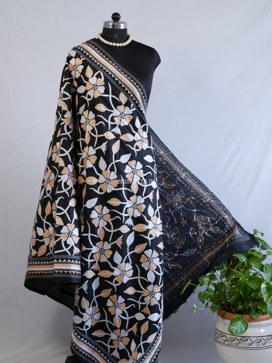 Kantha Hand-Embroidered Dupatta | Pure Bangalore Silk | Silk Marked | Black