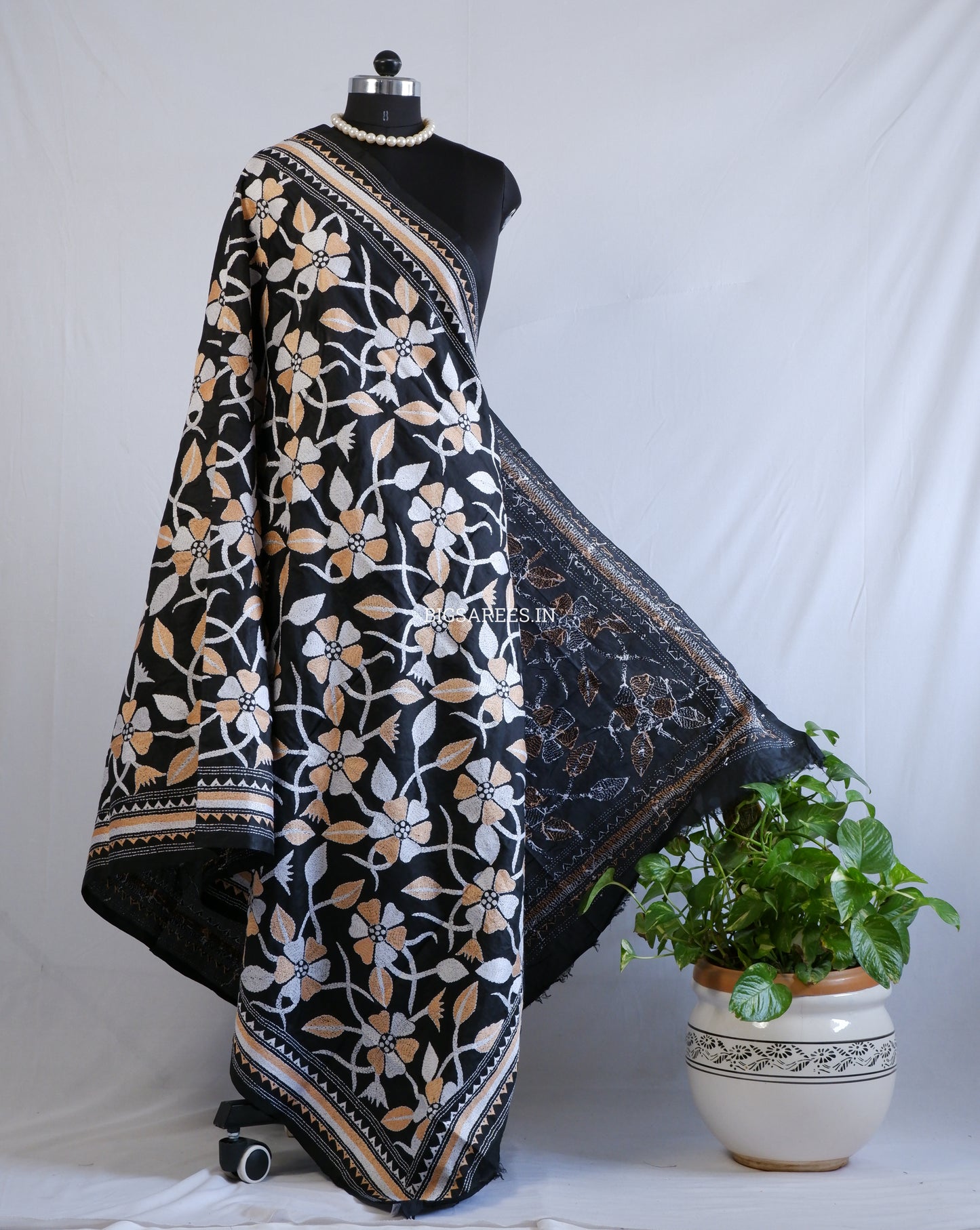 Kantha Hand-Embroidered Dupatta | Pure Bangalore Silk | Silk Marked | Black